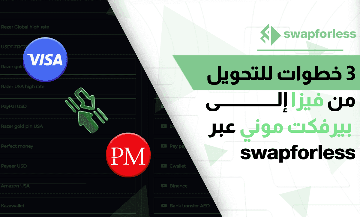 3 خطوات للتحويل من فيزا إلى بيرفكت موني عبر swapforless