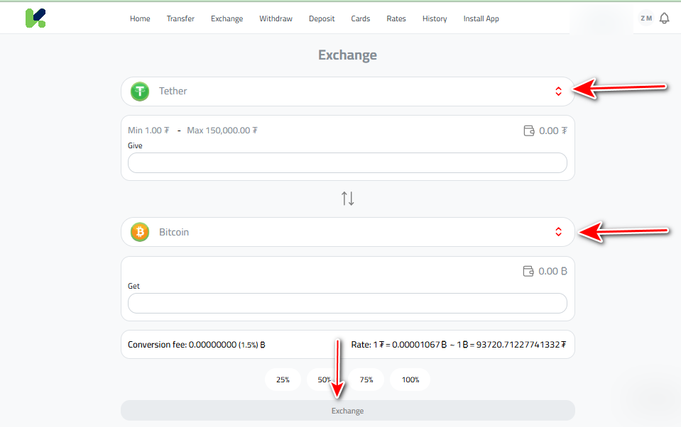 Exchanging USDT to Other Crypto via Kazawallet