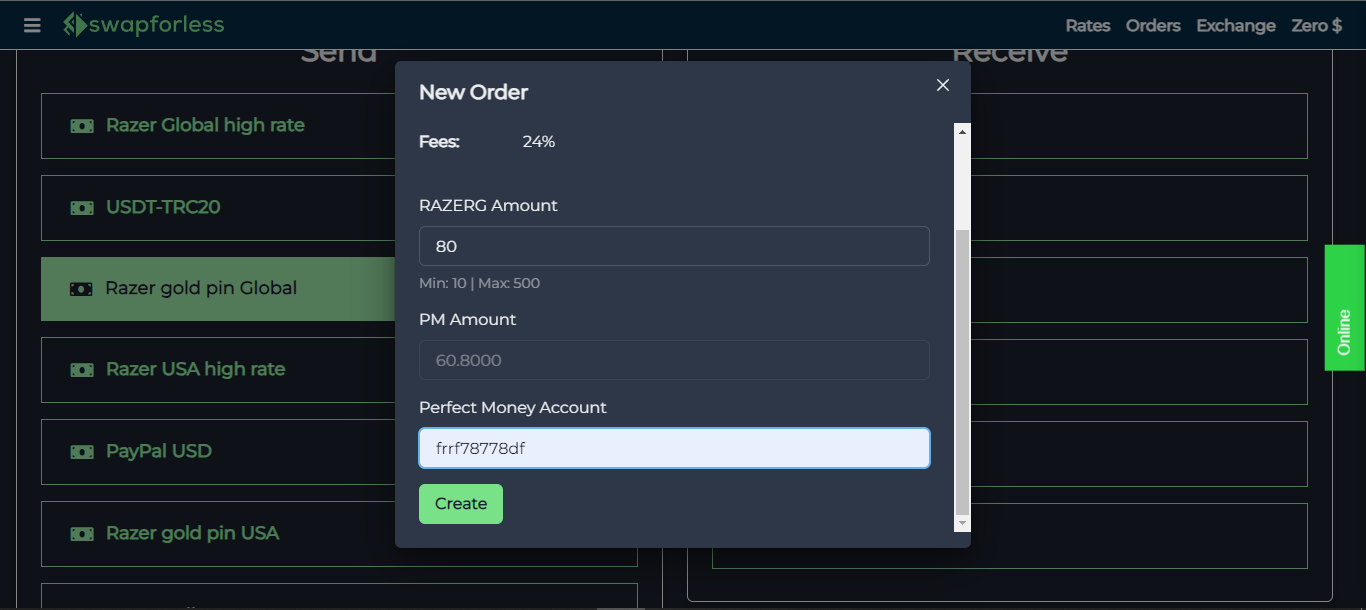 Exchange from Razer Gold to Perfect Money via Swapforless Website