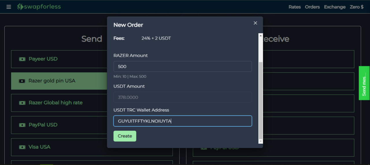 Steps to Exchange Razer Gold to Tether via swapforless