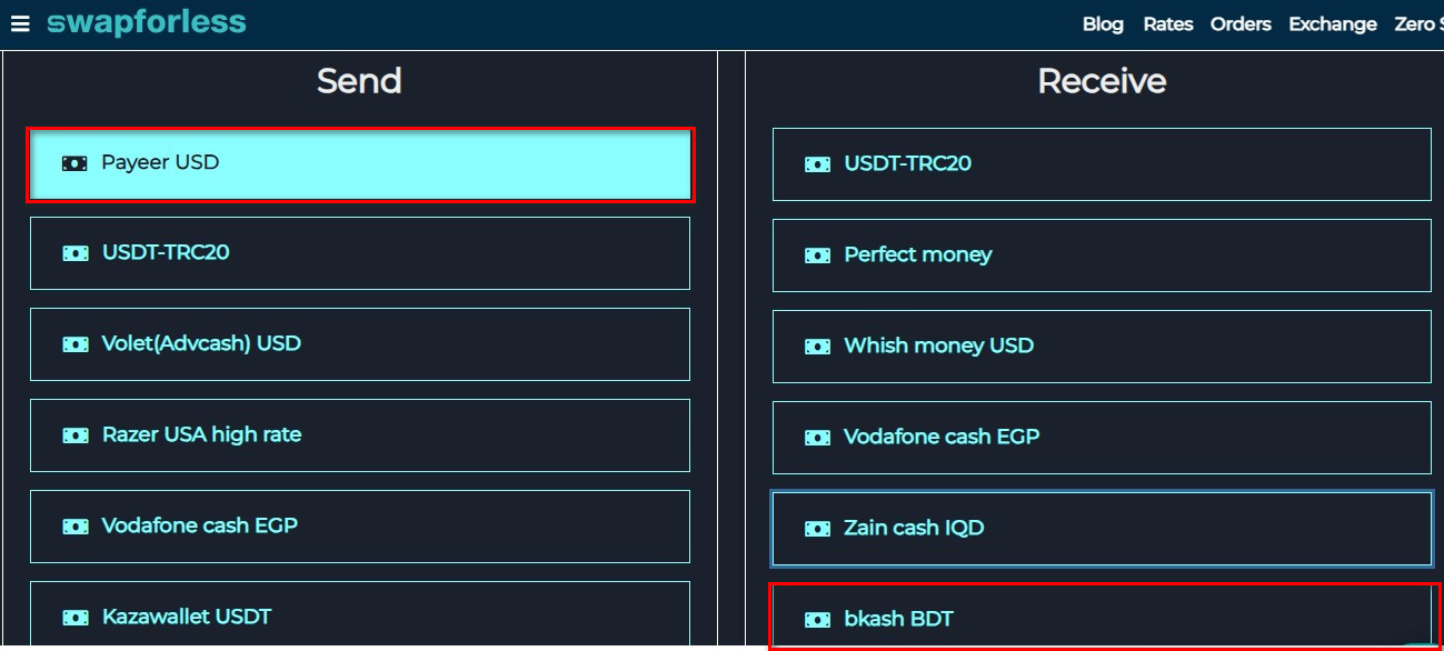 Steps to Exchange from Payeer to bKash via Swapforless: